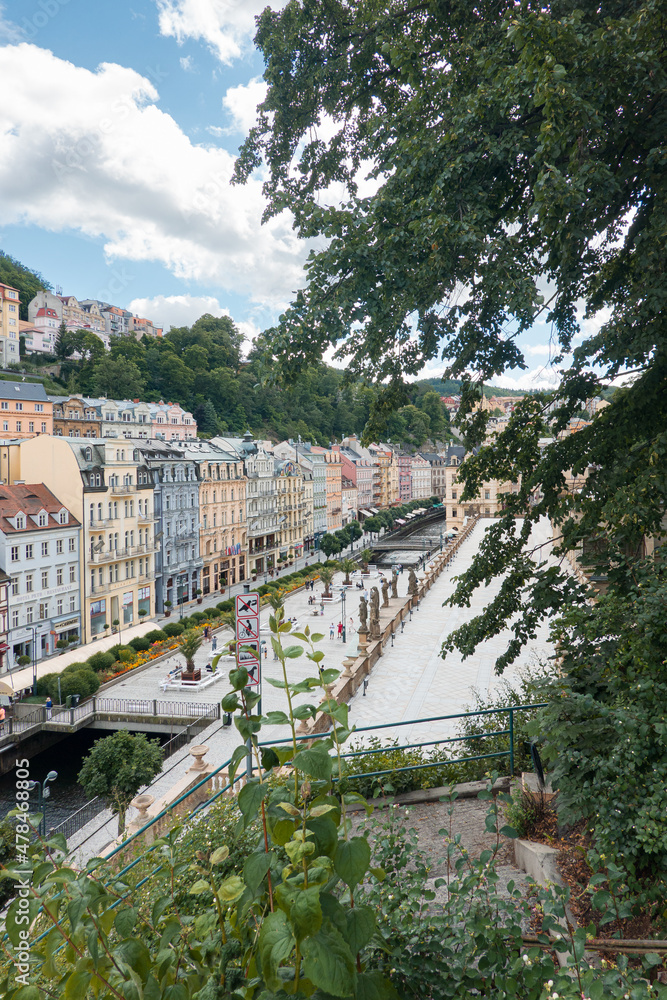 Fototapeta premium Travel to Karlovy Vary from Czech Republic, 2021. View to the beautiful landmarks architecture old buildings of this city in a beautiful sunny day. 