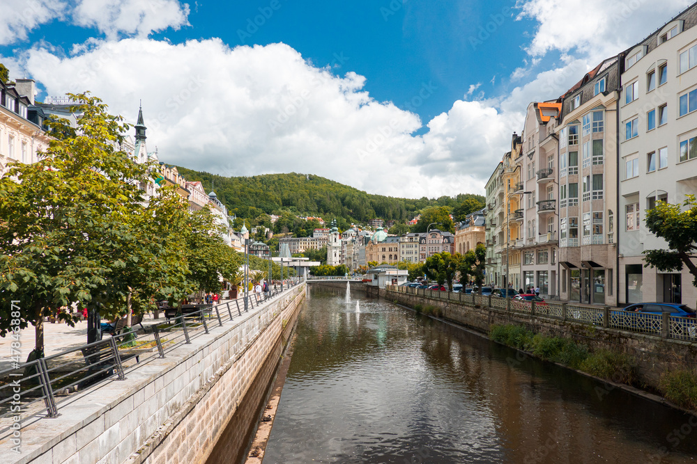 Obraz premium Travel to Karlovy Vary from Czech Republic, 2021. View to the beautiful landmarks architecture old buildings of this city in a beautiful sunny day.