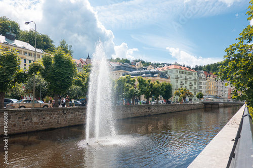 Thermal medical water springs in Karlovy Vary during a beautiful summer day. Travel to Czech Republic, 2021. photo
