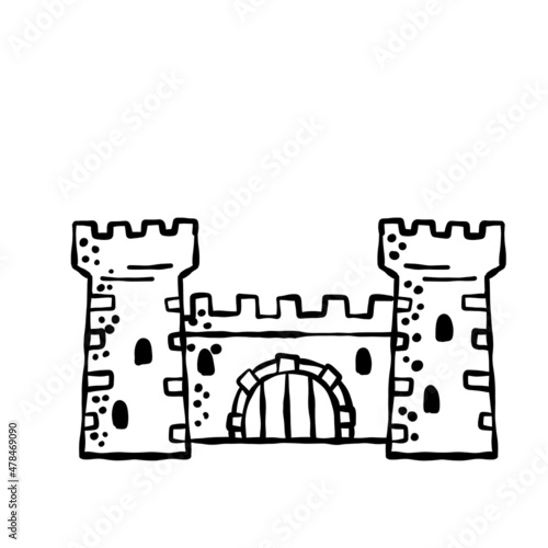 Medieval castle. Stone knight or royal fortress with tower. Military old fort. Sketch outline cartoon