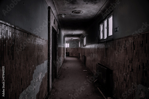 A beautiful dark corridor with windows and doors. An old abandoned house. Light in the windows. Dim corridor. Shabby walls. Scary atmosphere of an abandoned building.