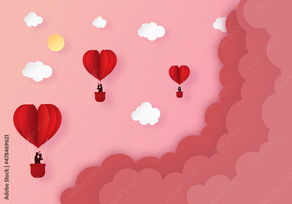 Illustration of valentine's day with air balloons flying in the air with clouds and sun.