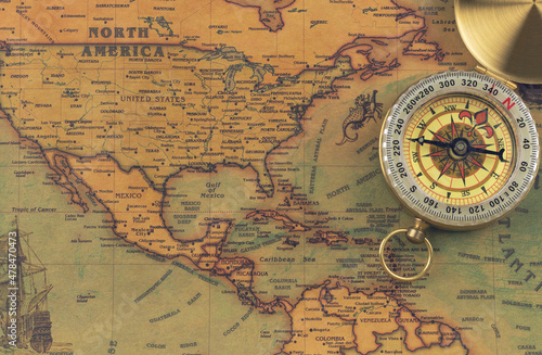 Vintage world map with compass. North America photo