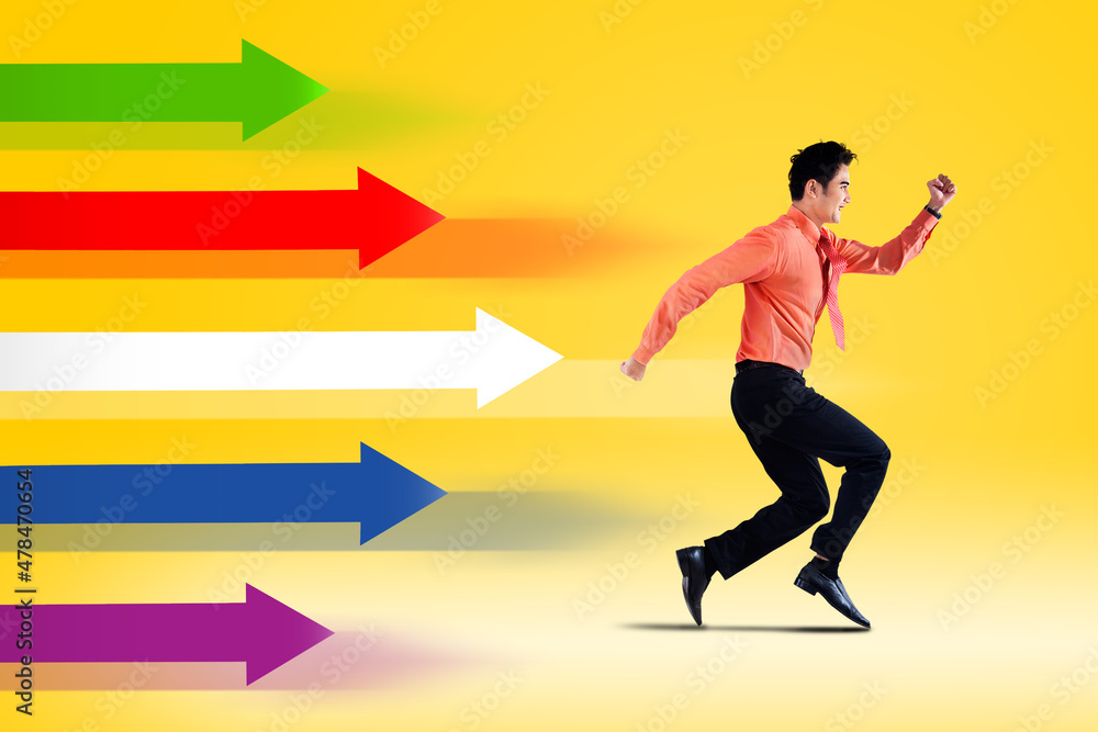 Businessman running race with colorful arrows