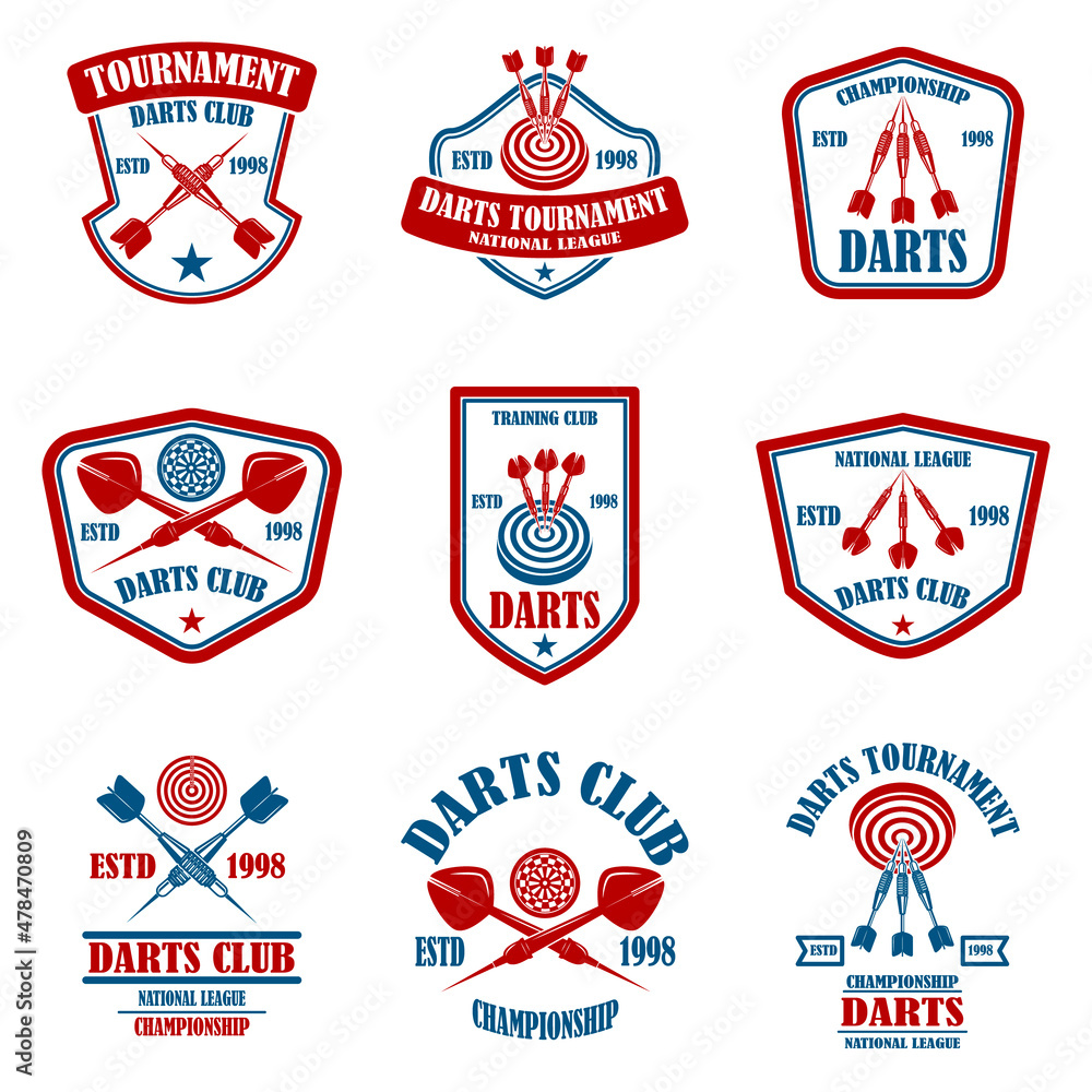 Set of emblems with darts. Design element for logo, label, sign, emblem. Vector illustration