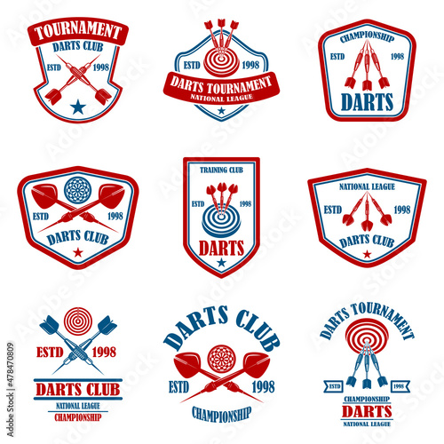 Set of emblems with darts. Design element for logo, label, sign, emblem. Vector illustration