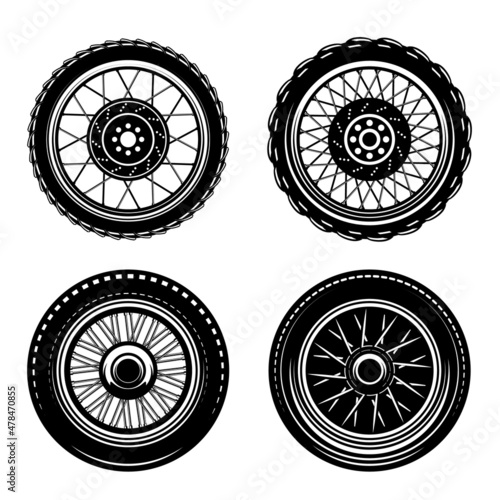 Set of wheel illustrations in monochrome style. Design element for logo, label, sign, emblem. Vector illustration