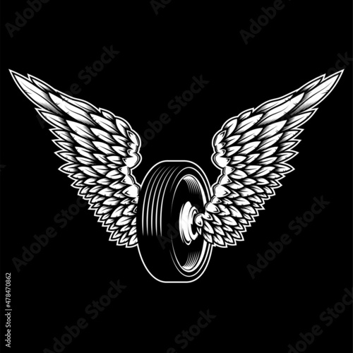 Winged wheel in monochrome style. Design element for logo, label, sign, emblem. Vector illustration