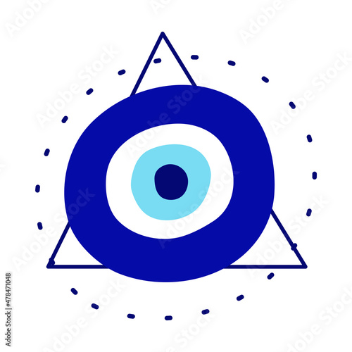 Isolated Greek amulet of the evil eye in the pyramid.Turkish amulet with blue eyelashes and protection in a triangle. Vector illustration flat style.