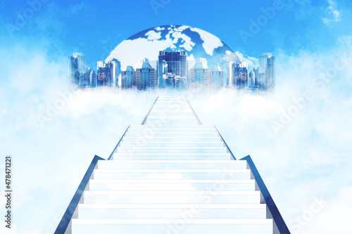 Canvas Print Empty stairs toward modern city and globe