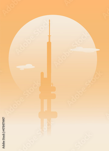Prague Zizkov tower city skyline. Prague television tower landmark famous tourist attraction. Prague architecture building silhouette in the sun. Postcard design template vector illustration.