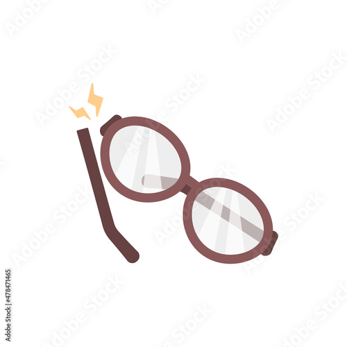 illustration of a broken eyeglass on the hinge. broken glasses at the end pieces. spectacle frames and stems come off. flat cartoon style. vector design