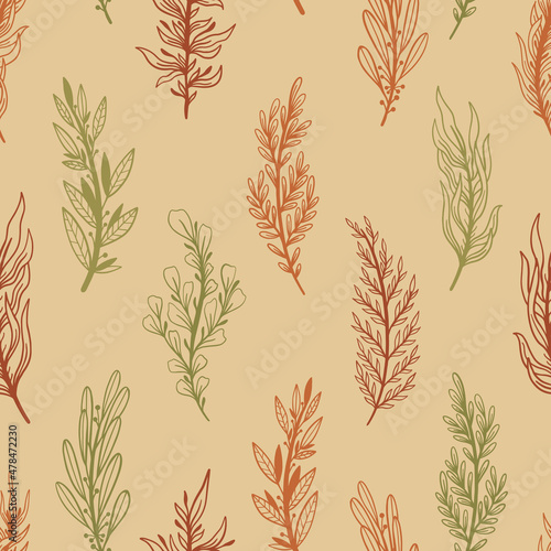 Seamless pattern rustic branch hand draw style. Floral drawing background.