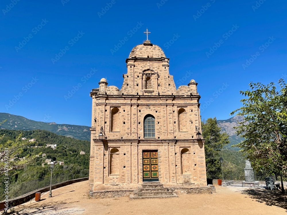 Front facade of Roman church Saint in Parata, Castagniccia, Corsica.