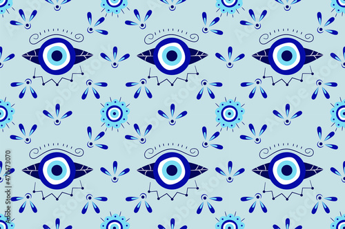 Isolated greek amulet evil eye seamless pattern.Turkish eye in a blue for amulet and protection in endless pattern. Vector illustration in a flat style. photo