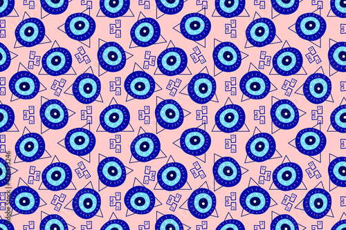 Isolated greek amulet evil eye seamless pattern.Turkish eye in a blue pyramid for amulet and protection in endless pattern. Vector illustration in a flat style.