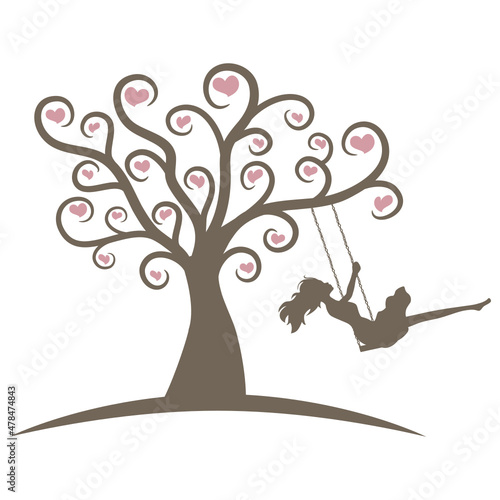 young woman swinging on scroll tree with hearts