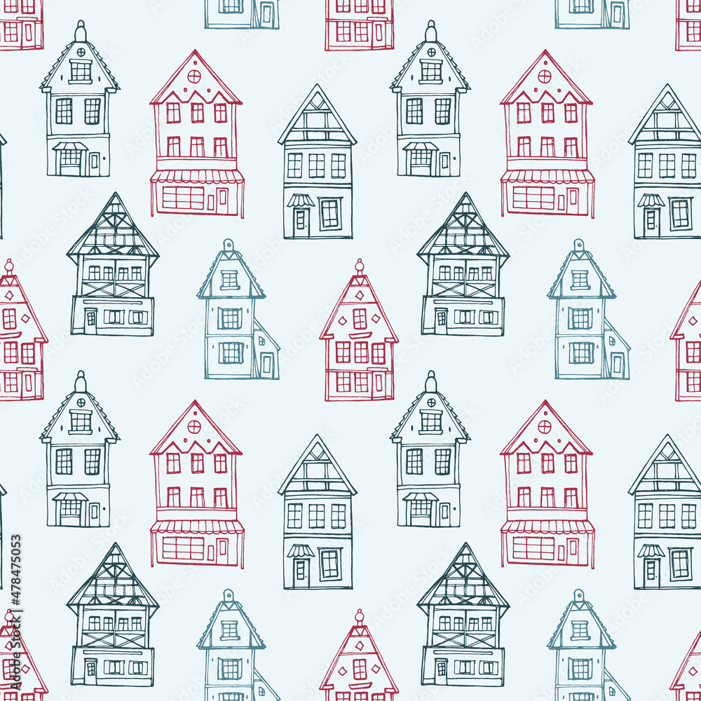 Seamless pattern with cute houses. Stock background.