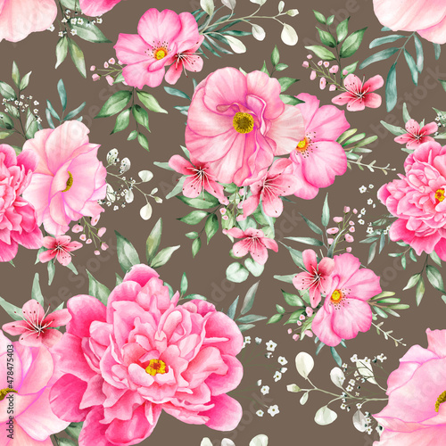 beautiful seamless pattern flowers and leaves watercolor