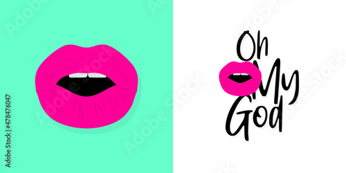 Creative Template Design of Oh My God. Conceptual Typography of Oh My God. Editable Illustration of Sexy Red Lips of Woman.