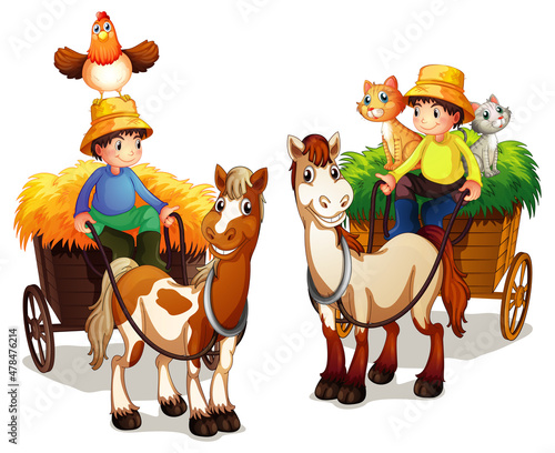 Two farmers on horse wagons