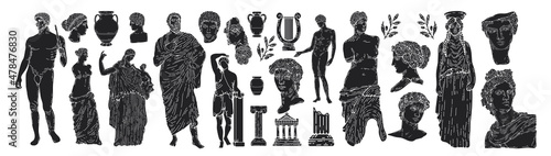 Greek marble statues aesthetic vector hand drawn illustration set. sculptures of human body and architectural elements. greek gods and mythology, ancient greece graphic design elements. 