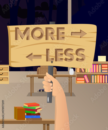 Hand holding banner with More and Less text with arrow. Man showing billboard.
