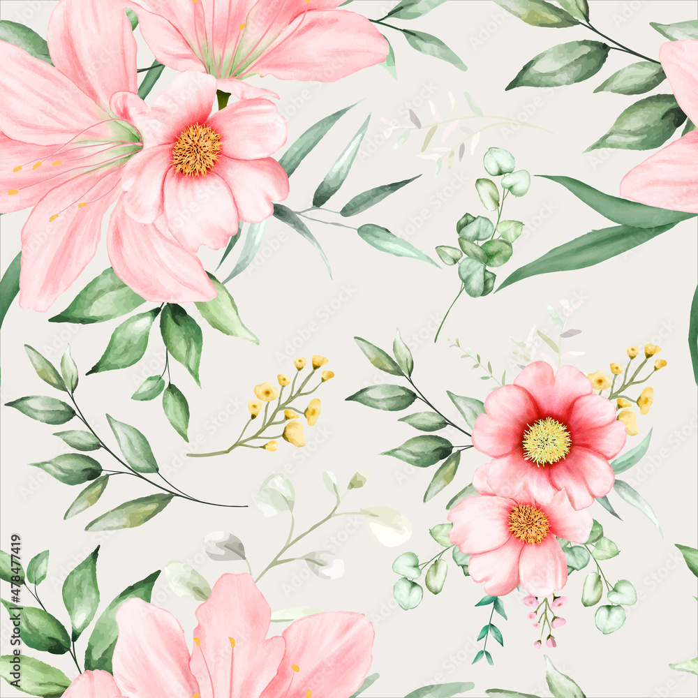 beautiful seamless pattern flowers and leaves watercolor