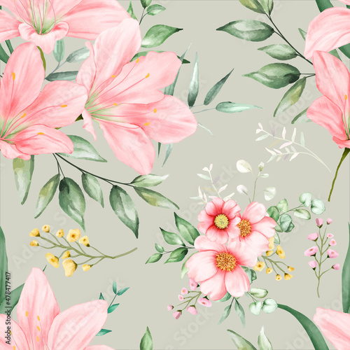 beautiful seamless pattern flowers and leaves watercolor