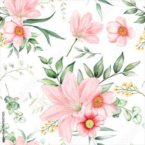 beautiful seamless pattern flowers and leaves watercolor