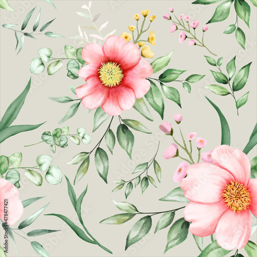 beautiful seamless pattern flowers and leaves watercolor