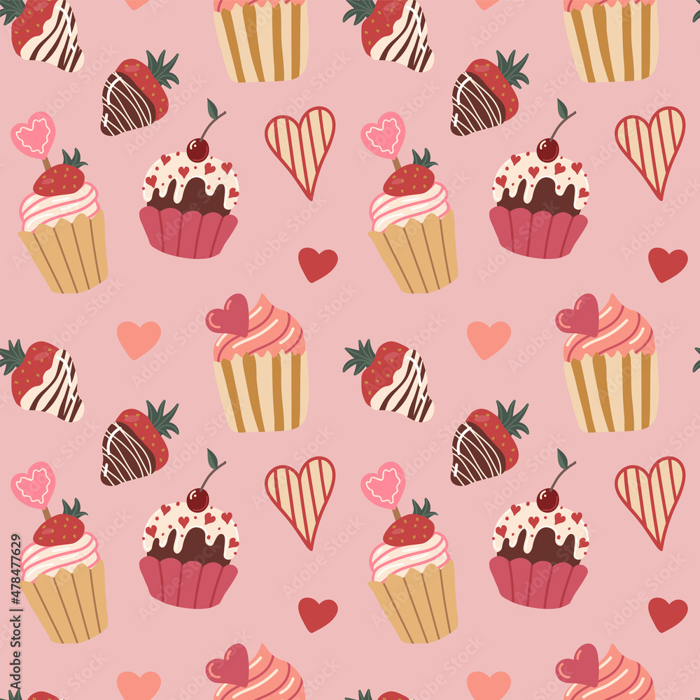 Vector seamless pattern with hearts and chocolate-covered strawberries. Cupcake. Valentines. Symbols of Valentine s day. Hand drawn illustration. The print is used for Wallpaper, fabric, textile. Vector seamless pattern with hearts and chocolate-covered strawberries. Cupcake. Valentines. Symbols of Valentine s day. Hand drawn illustration. The print is used for Wallpaper, fabric, textile.