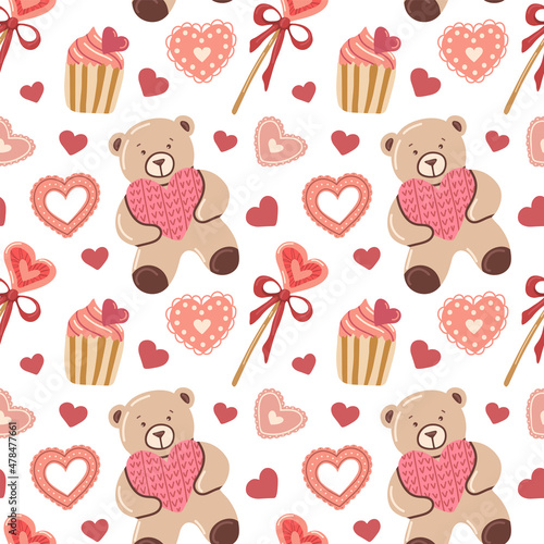 Vector seamless pattern with hearts and teddy bear. andy and cupcake. Valentines. Symbols of Valentine s day. Hand drawn illustration. The print is used for Wallpaper, fabric, textile, packaging