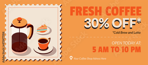 Coffee Shop Sale Banner in Postage Stamp Illustration