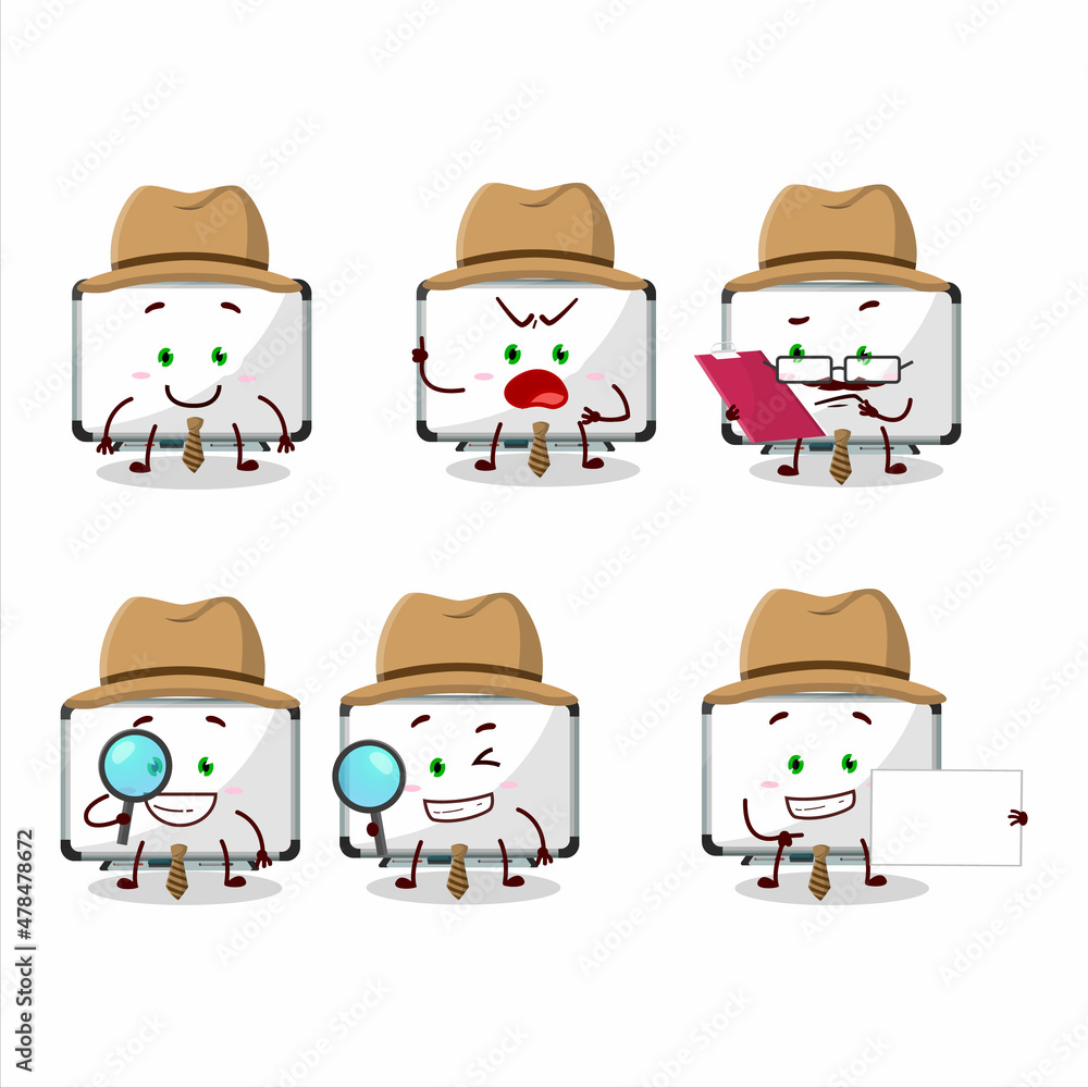Detective white board cute cartoon character holding magnifying glass Detective white board cute cartoon character holding magnifying glass