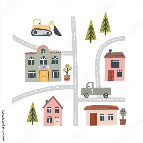 Cute town map. Hand drawn vector illustration for nursery