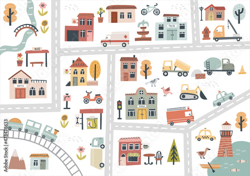 Fotografia, Obraz Cute town map. Hand drawn vector illustration for nursery