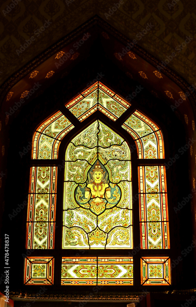 Gorgeous Stained Glass over the Windows of Wat Benchamabophit or The Marble Temple Ordination Hall, Bangkok, Thailand