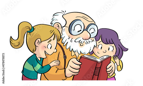 Illustration of grandfather and his little granddaughters reading a book