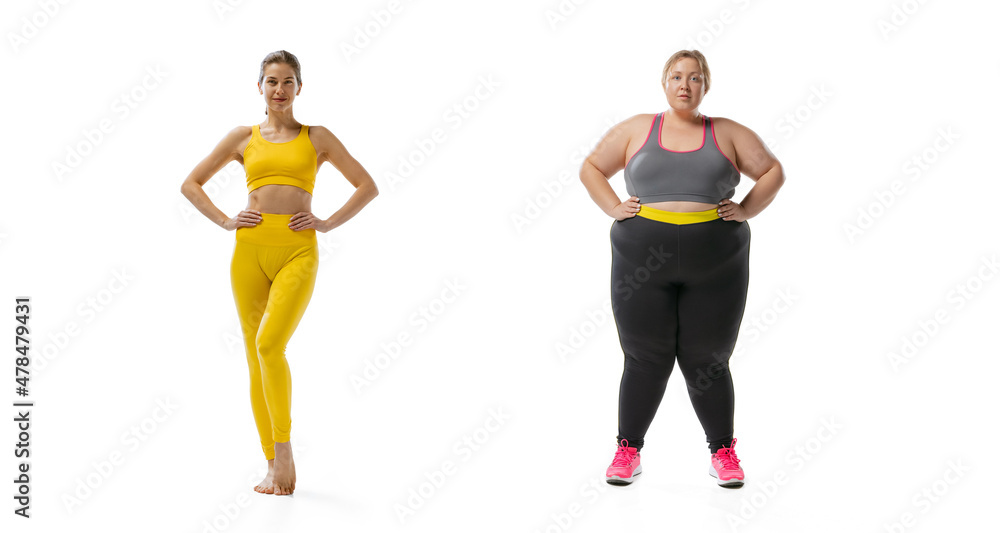 Young slim girl and plus-size woman wearing sport uniform isolated on white background. Concept of healthy lifestyle, fitness, sport, nutrition and weight loss. Young slim girl and plus-size woman wearing sport uniform isolated on white background. Concept of healthy lifestyle, fitness, sport, nutrition and weight loss.