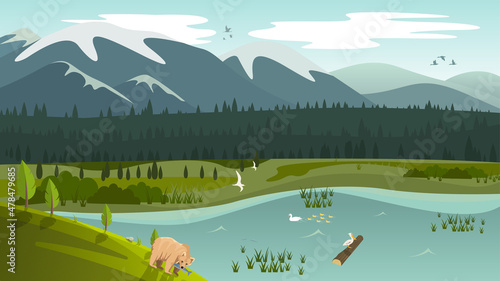 Landscape drawing with mountains, trees, river and animals. Vector