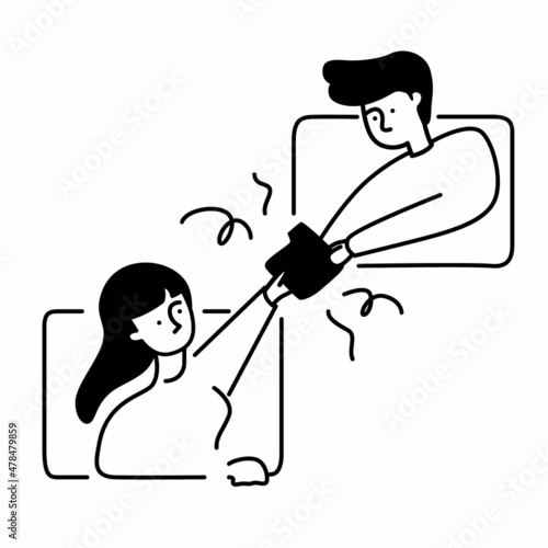 Black and white illustration of a girl passing a file icon to a man in a minimalist style