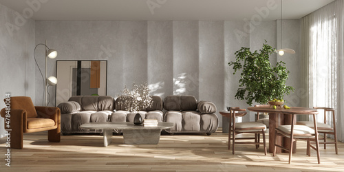 Stylish living room interior with design furnitre and elegant accessories, 3d render photo