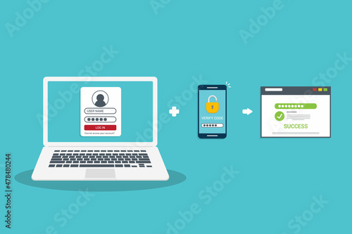 Two factor authentication password secure notice login verification or sms with push code message icon in smartphone phone and laptop computer. Vector illustration