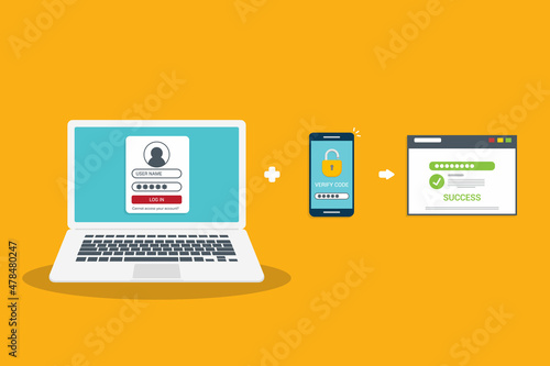 Two factor authentication password secure notice login verification or sms with push code message icon in smartphone phone and laptop computer. Vector illustration