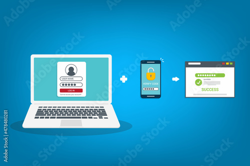 Two factor authentication password secure notice login verification or sms with push code message icon in smartphone phone and laptop computer. Vector illustration