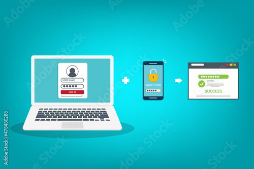 Two factor authentication password secure notice login verification or sms with push code message icon in smartphone phone and laptop computer. Vector illustration