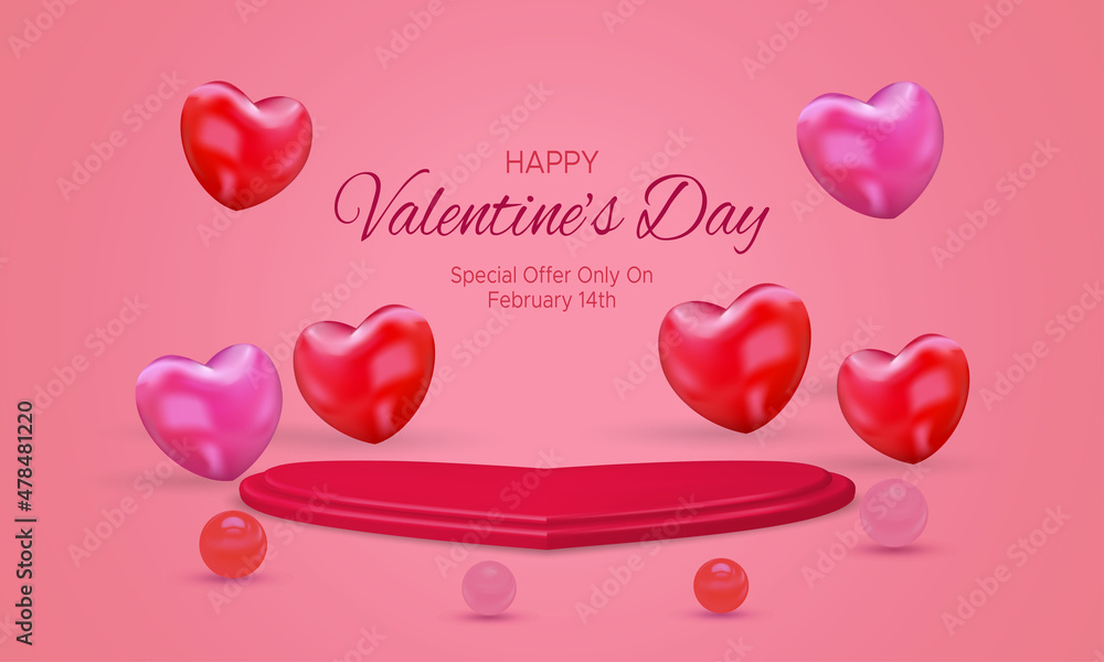 Heart-shaped Valentines day podium with love hearts shape and realistic pearl on pink background