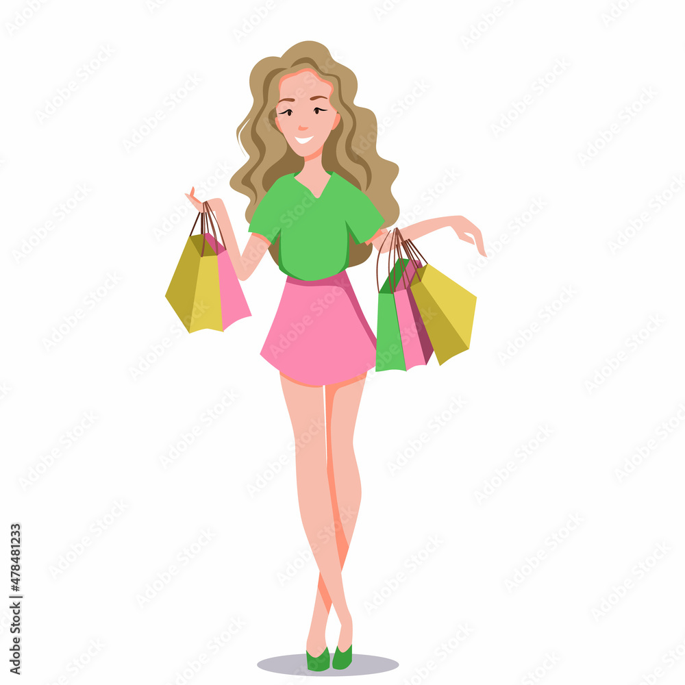 A young attractive fashionable woman holds bags of clothes after shopping. Vector illustration in cartoon style.
