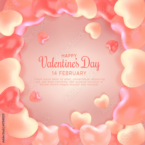 realistic 3d hearts greeting card wishes happy valentines day on a lovely frame 